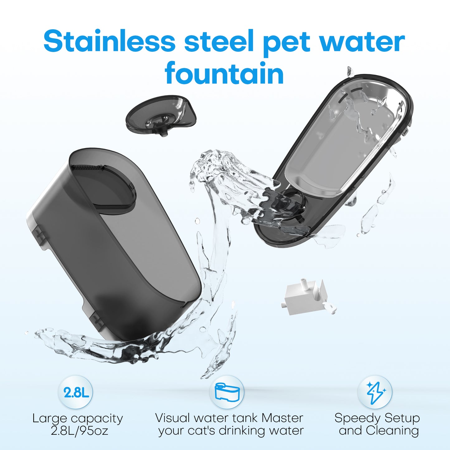 ALROCKET Cat Water Fountain,95oz/2.8L Stainless Steel Pet Water Fountain Dispenser,Black
