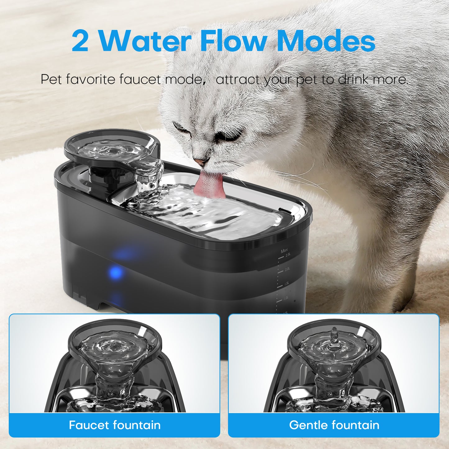 ALROCKET Cat Water Fountain,95oz/2.8L Stainless Steel Pet Water Fountain Dispenser,Black