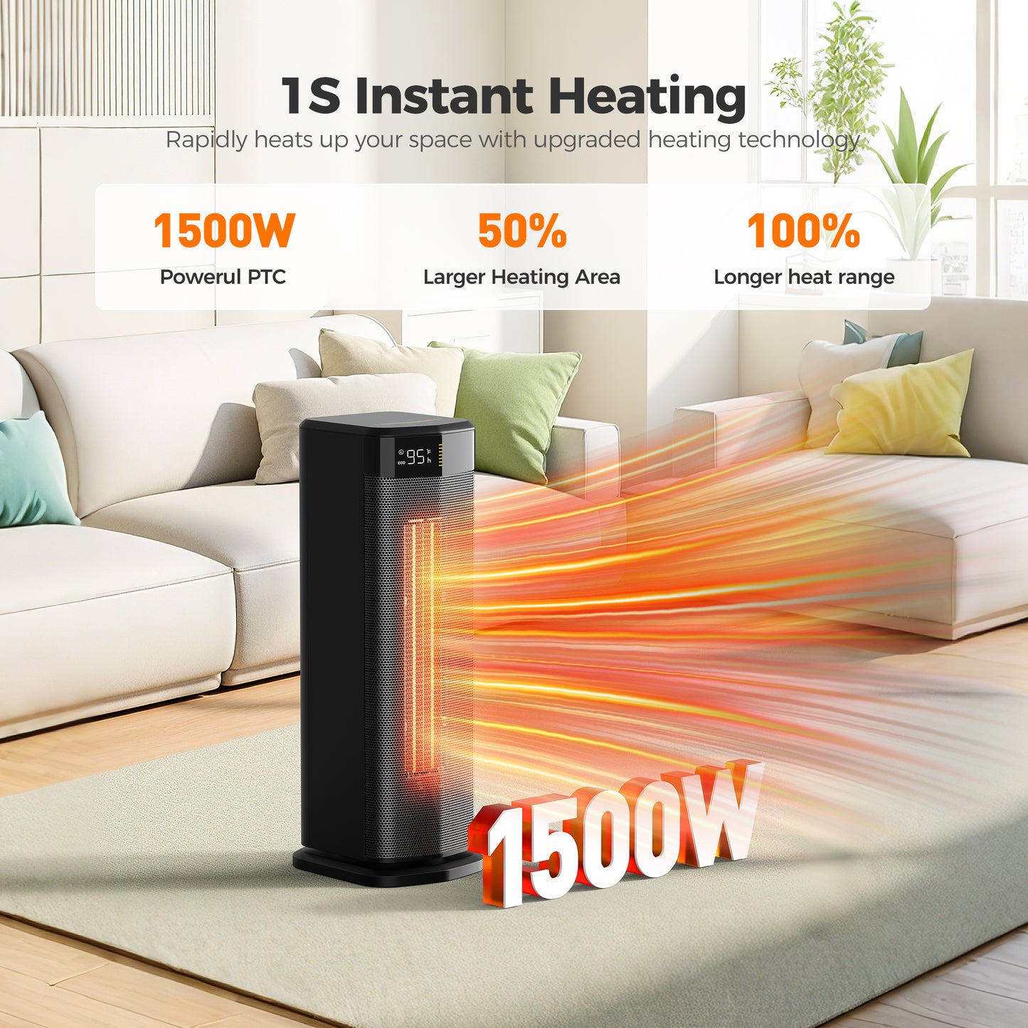 ALROCKET Space Heater for Home,1500W Electric PTC Ceramic Heater with Thermostat,Remote,ECO Mode,90°Oscillation,24H Timer,Smart Tower Heater for inside,Room,Office,Bedroom