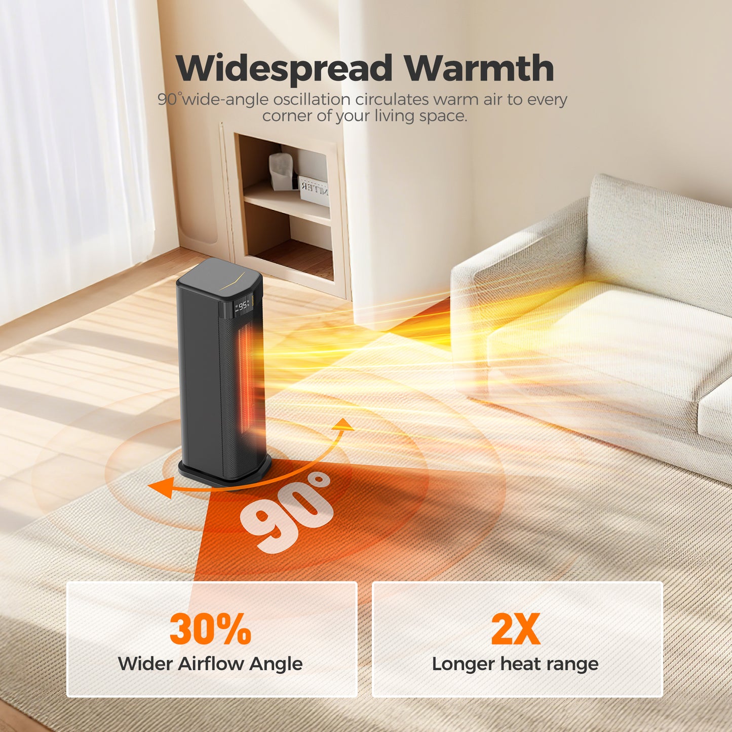 ALROCKET Space Heater for Home,1500W Electric PTC Ceramic Heater with Thermostat,Remote,ECO Mode,90°Oscillation,24H Timer,Smart Tower Heater for inside,Room,Office,Bedroom