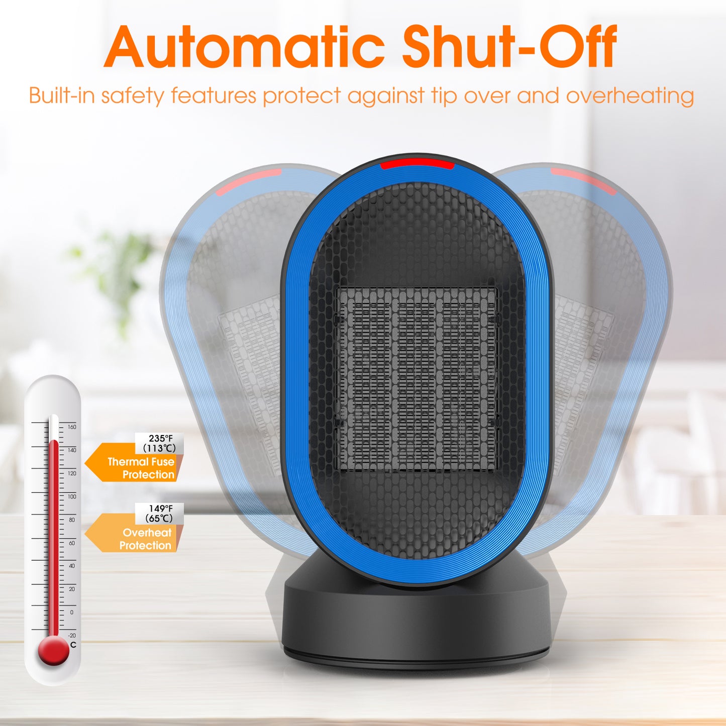 ALROCKET 600W Space Heater, Desk heater with PTC Ceramic heating , 45° Oscillation ,Tipped-over Protection, Black