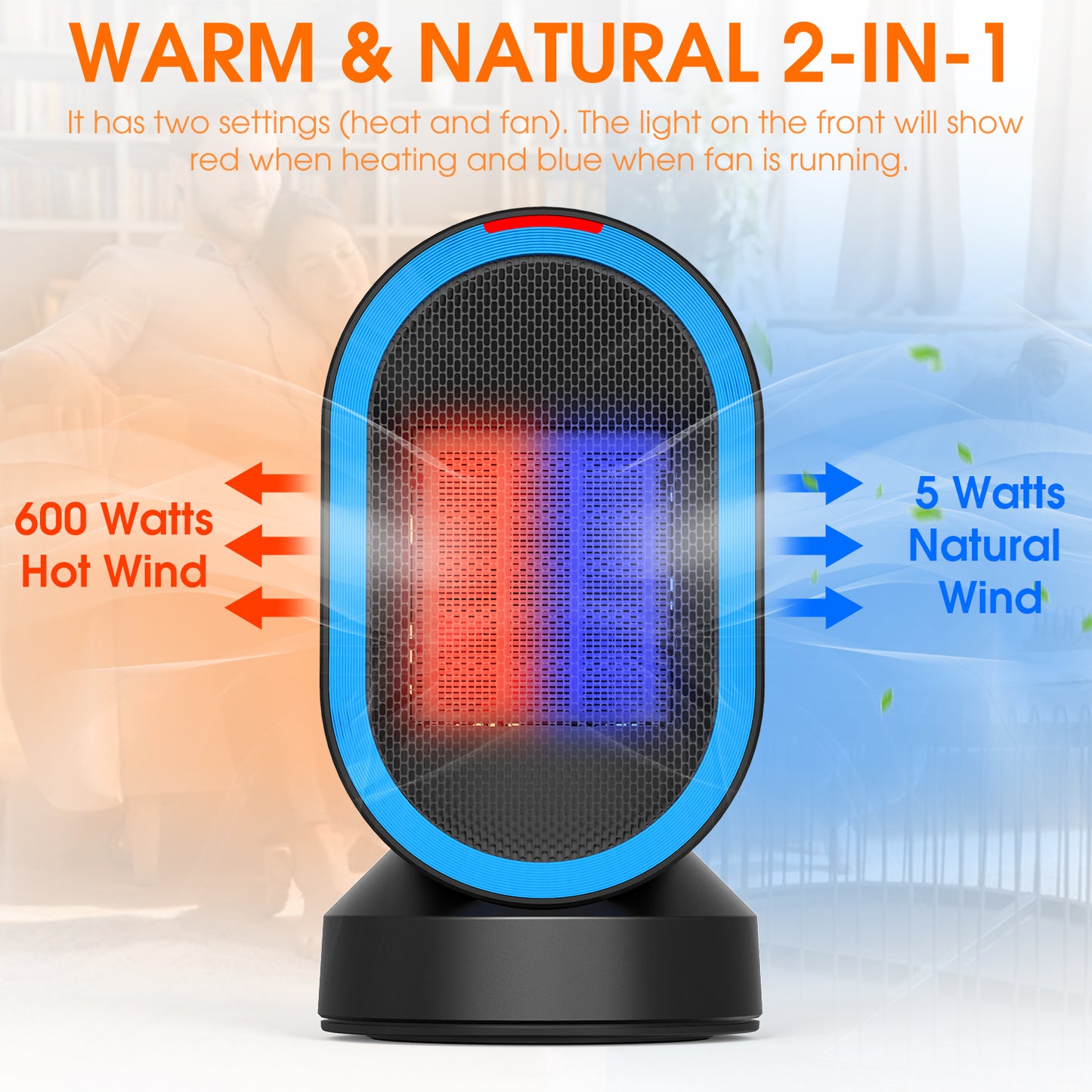 ALROCKET 600W Space Heater, Desk heater with PTC Ceramic heating , 45° Oscillation ,Tipped-over Protection, Black