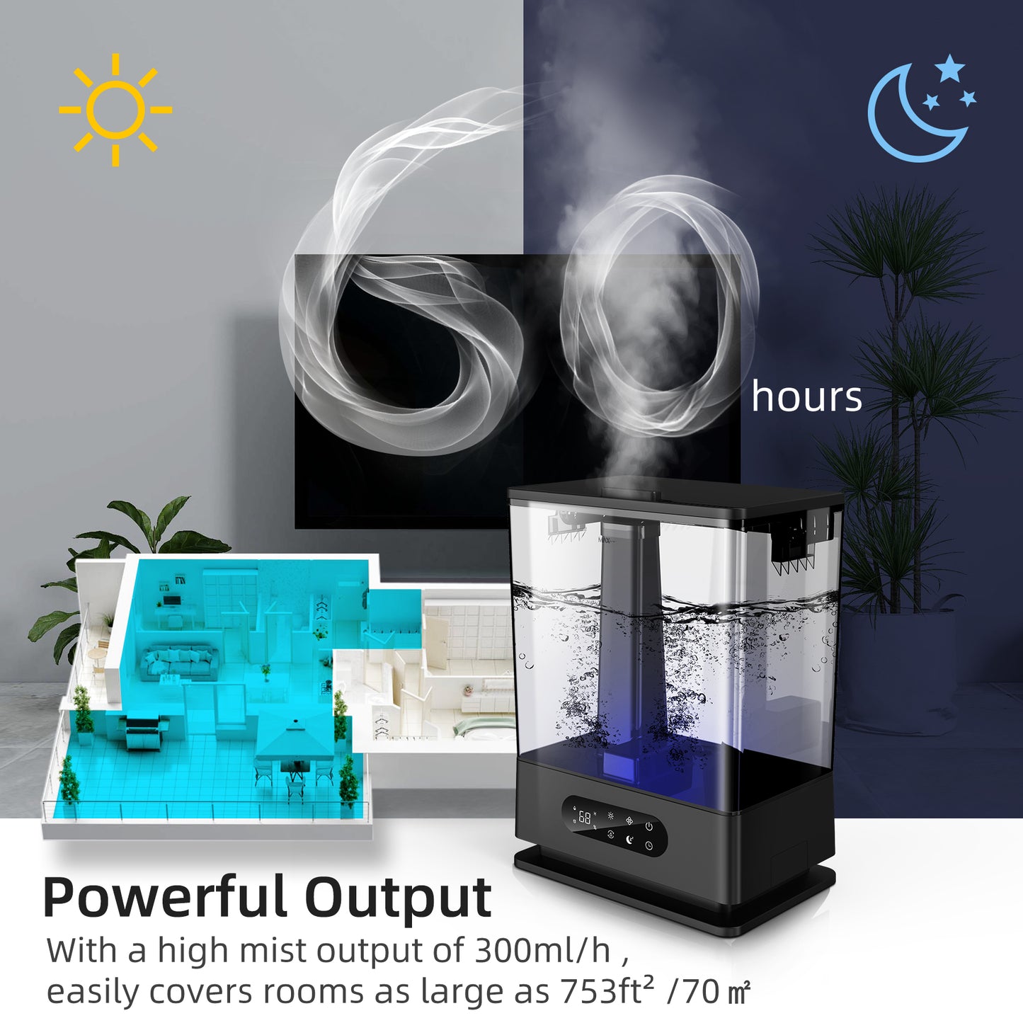 ALROCKET 6.5L Large Humidifiers Top Fill Cool Mist Humidifier for for Bedroom, Home, and Large Room Black