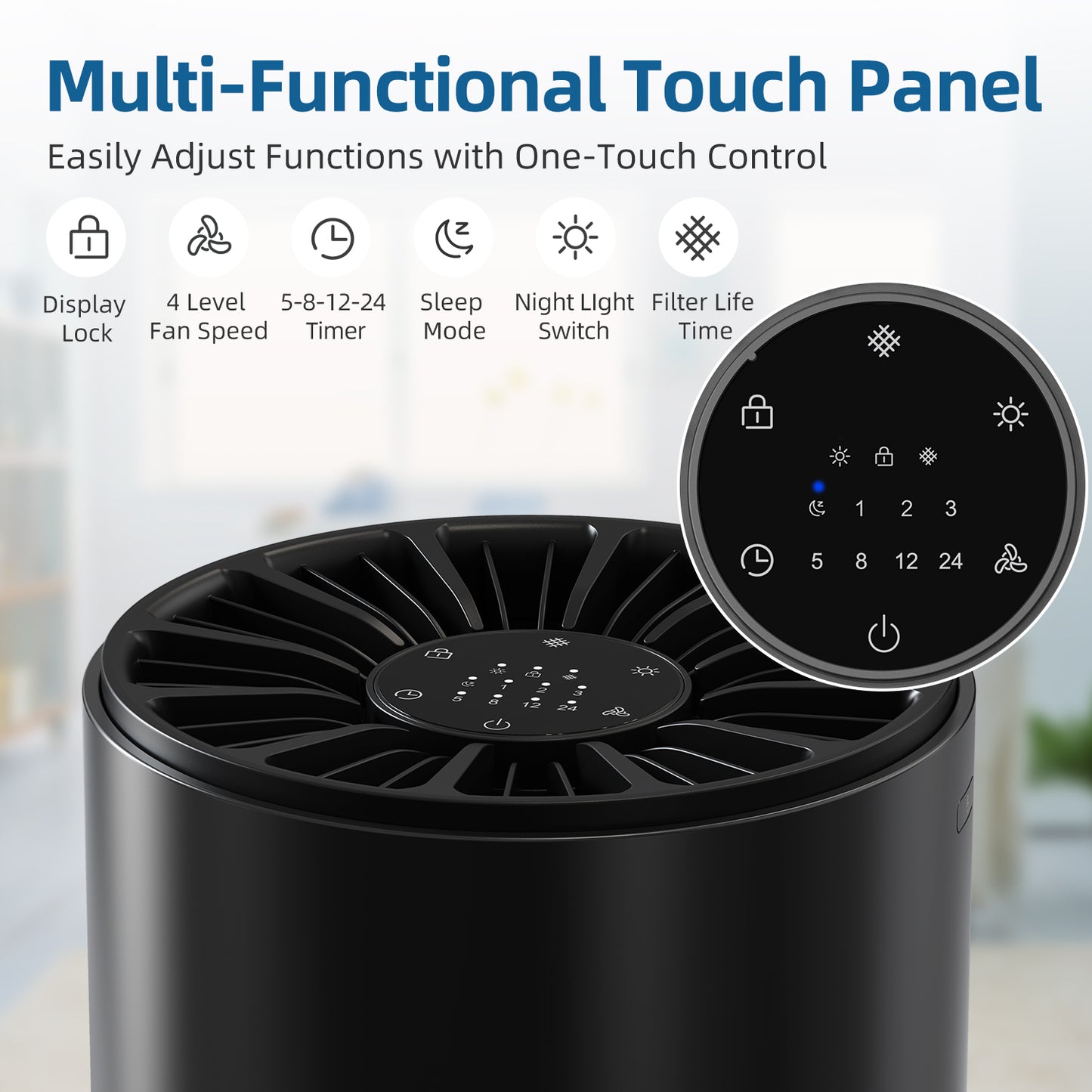 BREEZOME Air Purifier with 4-Stage Particle Filtration, up to 620 Sq. Ft, Mis-touch design, Timer, True HEPA Air Purifier for Large Rooms, Black