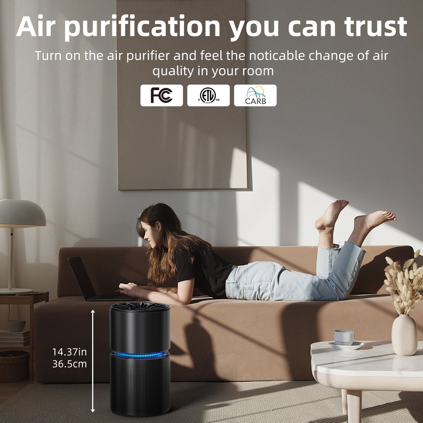 BREEZOME Air Purifier with 4-Stage Particle Filtration, up to 620 Sq. Ft, Mis-touch design, Timer, True HEPA Air Purifier for Large Rooms, Black