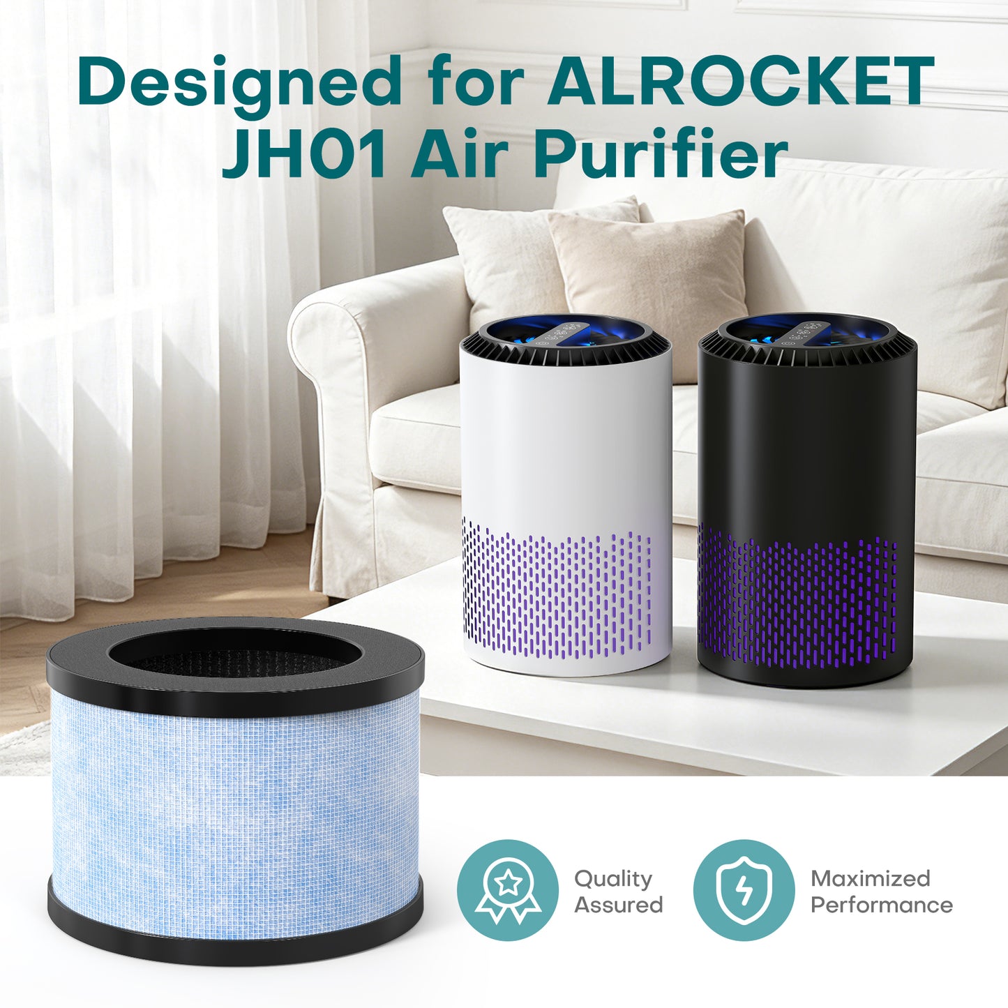ALROCKET 2 Pack HEPA Air Purifier Filter Replacement for JH01, 4-Stage Filtration for Dust, Pet Dander, Smoke and Odors, High Efficiency Replacement Filter Part