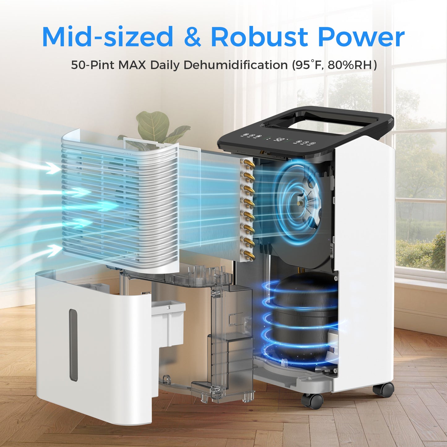 ALROCKET 12 Pints (DOE)  Dehumidifier for Home, MAX 50 Pints/Day, 85 OZ Water Tank, Dehumidifiers, For Basements, Bathroom, Large room, up to 2000 Sq.ft, Auto-defrost, Smart Humidity Control, White