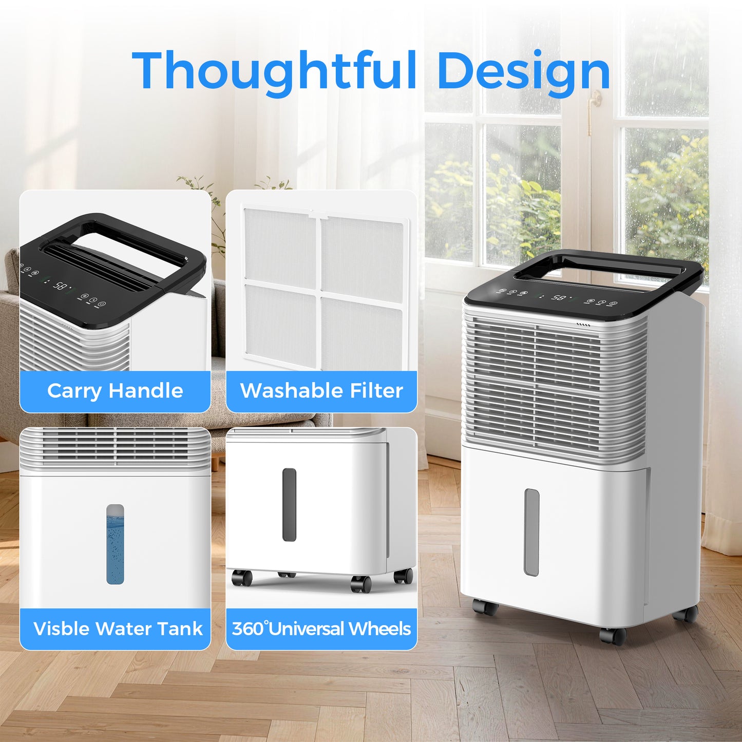 ALROCKET 12 Pints (DOE)  Dehumidifier for Home, MAX 50 Pints/Day, 85 OZ Water Tank, Dehumidifiers, For Basements, Bathroom, Large room, up to 2000 Sq.ft, Auto-defrost, Smart Humidity Control, White
