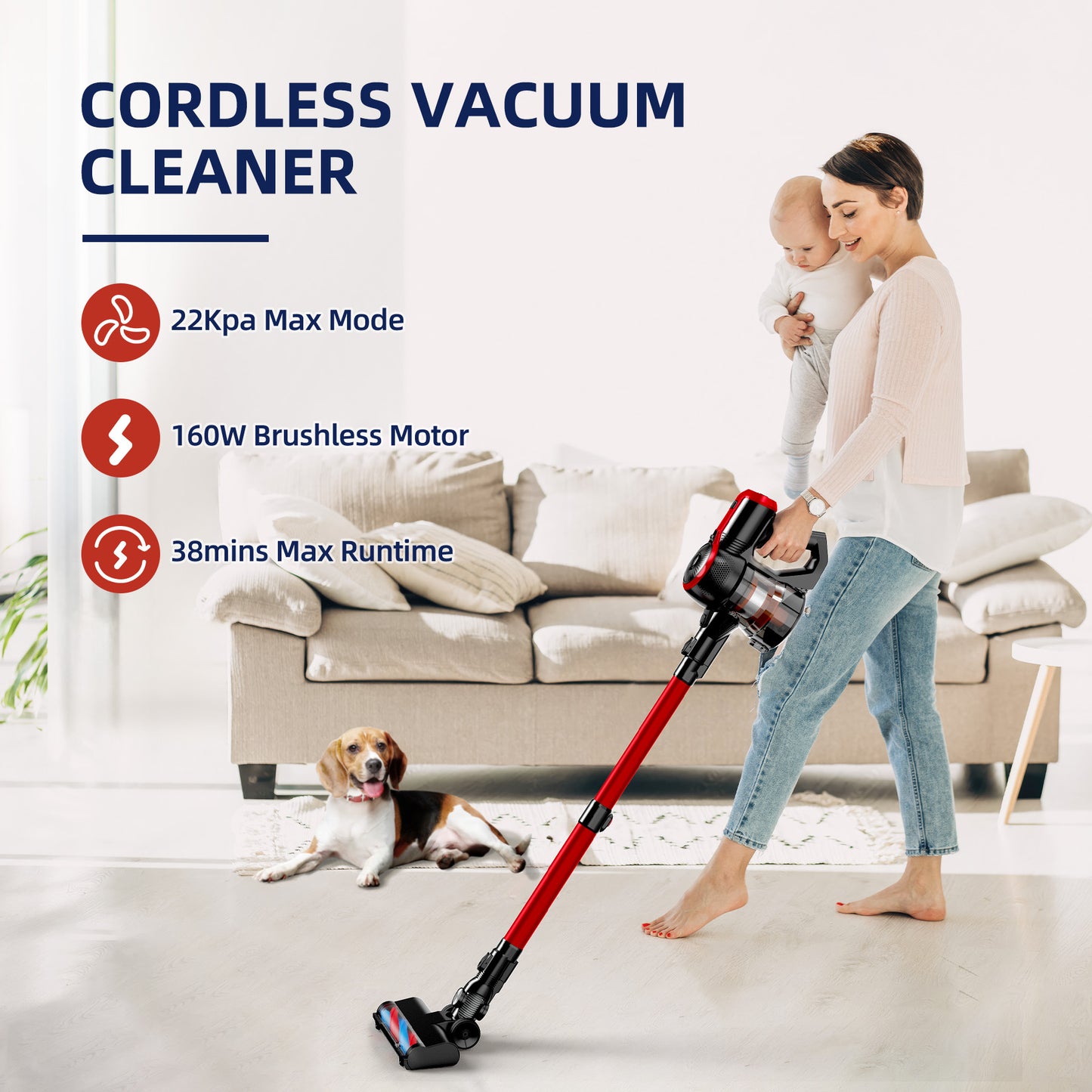 ALROCKET Cordless Vacuum Cleaner 4 in 1, 22KPa Powerful ,with 2200mAh Rechargeable Battery, up to 45min Runtime, for Home