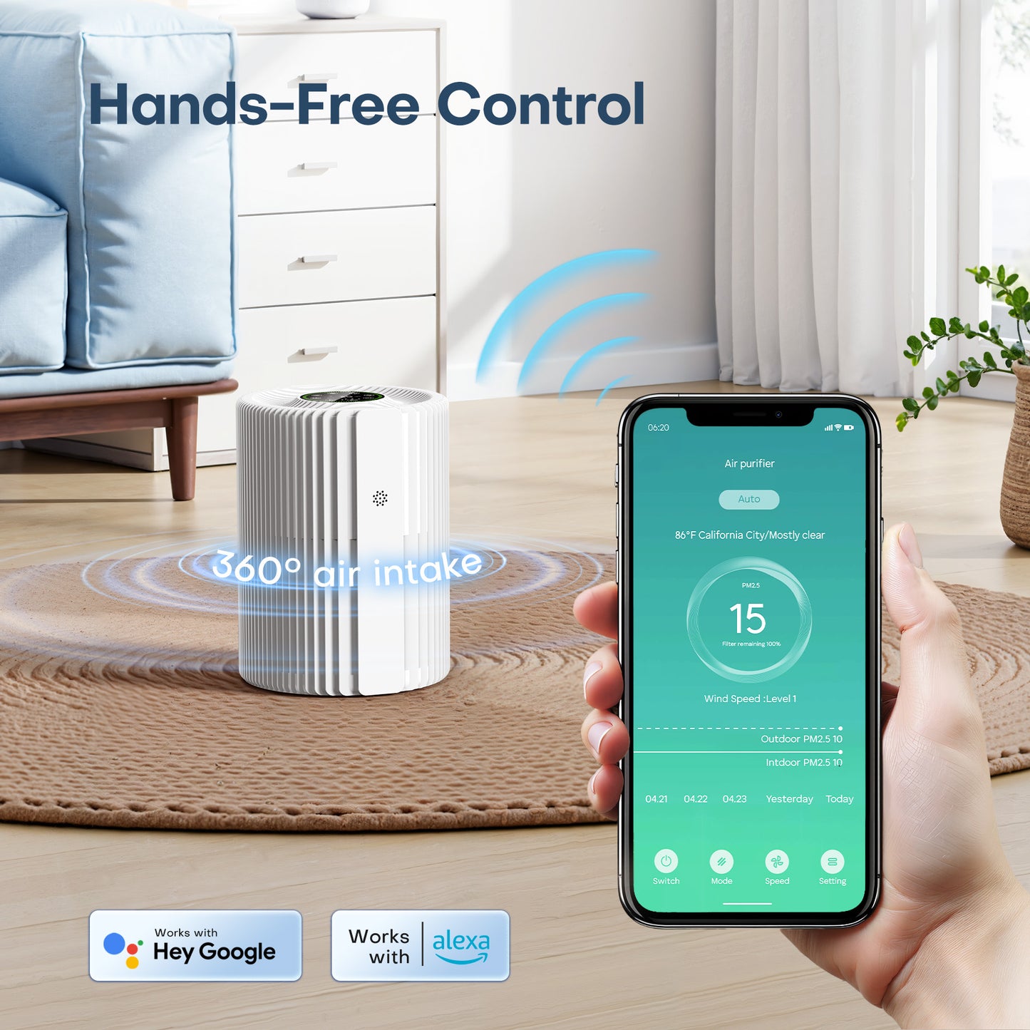ALROCKET Air Purifier for Home, Smart WIFI, PM2.5 Digital Display, Auto Mode, 3-Layer Filter with 5 Speeds & Timer, Removes Wildfire Smoke, Dander, Dust, Pollen, Covers 600 ft²/2H