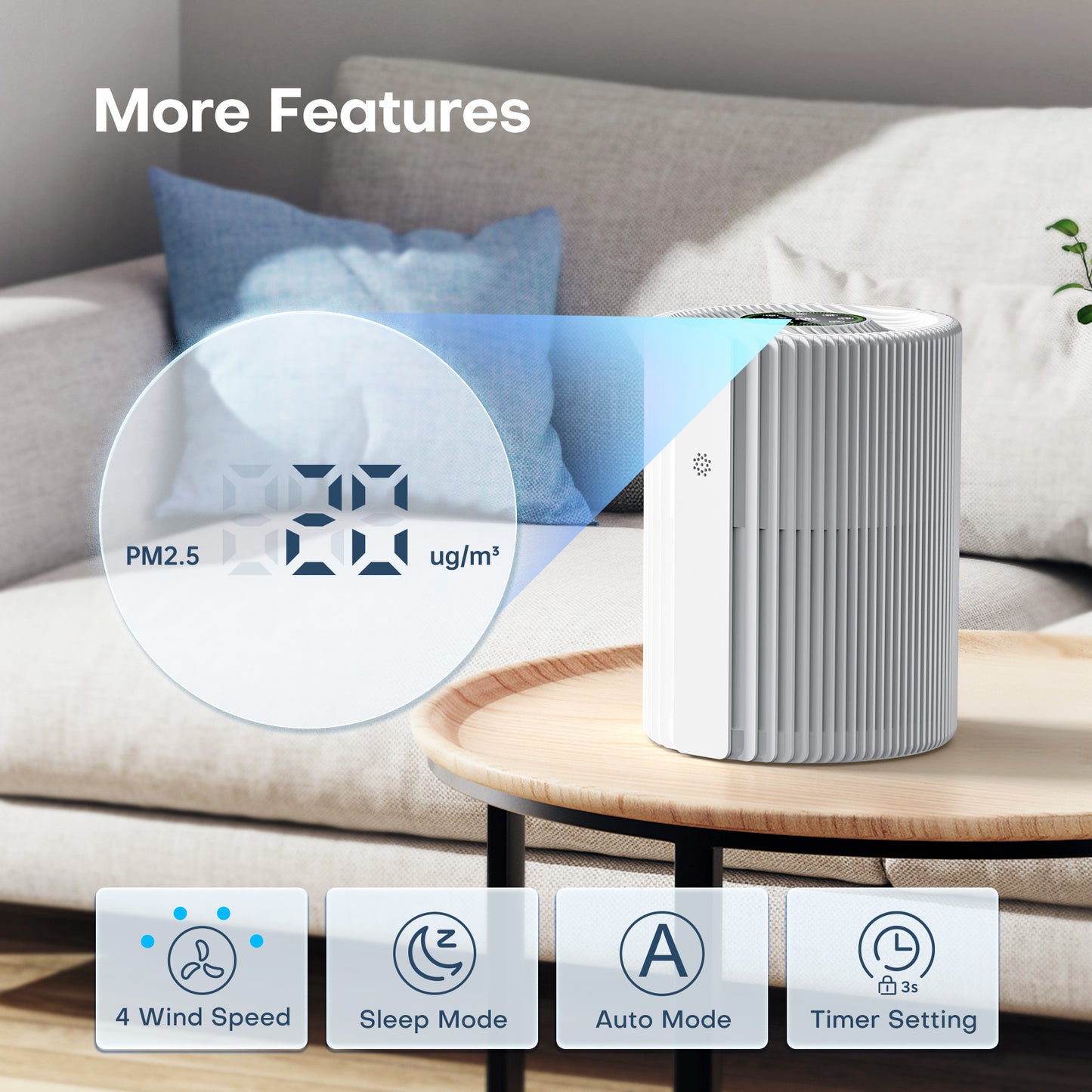 ALROCKET Air Purifier for Home, Smart WIFI, PM2.5 Digital Display, Auto Mode, 3-Layer Filter with 5 Speeds & Timer, Removes Wildfire Smoke, Dander, Dust, Pollen, Covers 600 ft²/2H