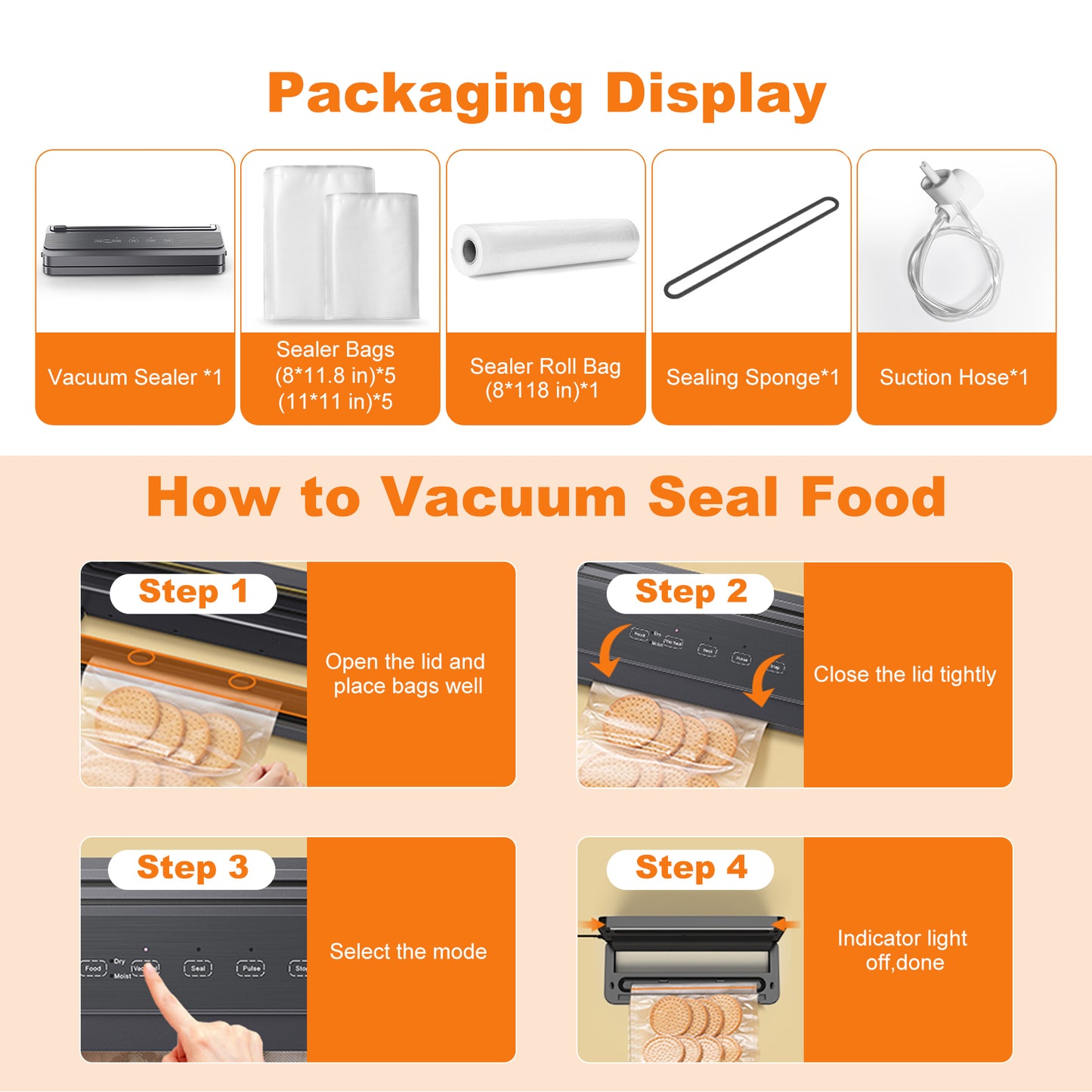 ALROCKET Vacuum Sealer Machine, 5 in 1 Food Vacuum Sealer with Dry & Moist Food Modes, Led Indicator Lights, Starter Kit with Vacuum Bag Roll and Vacuum Hose, Built-in Cutter, Sealing Sponge