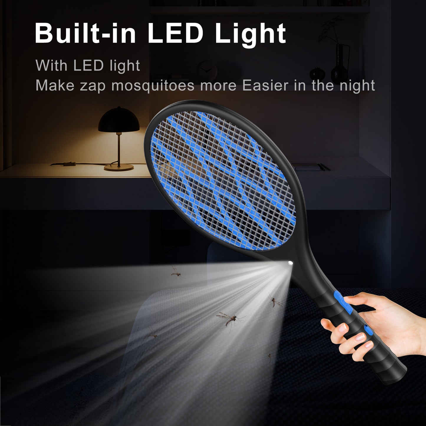 CONOPU Elektrische Fliegenklatsche, 4000V Insektenvernichter elektrisch, USB Fliegenfänger Zapper mit LED Licht und Abnehmbarer Taschenlampe, Doppelte Schichten Mesh Schutz, Schwarz